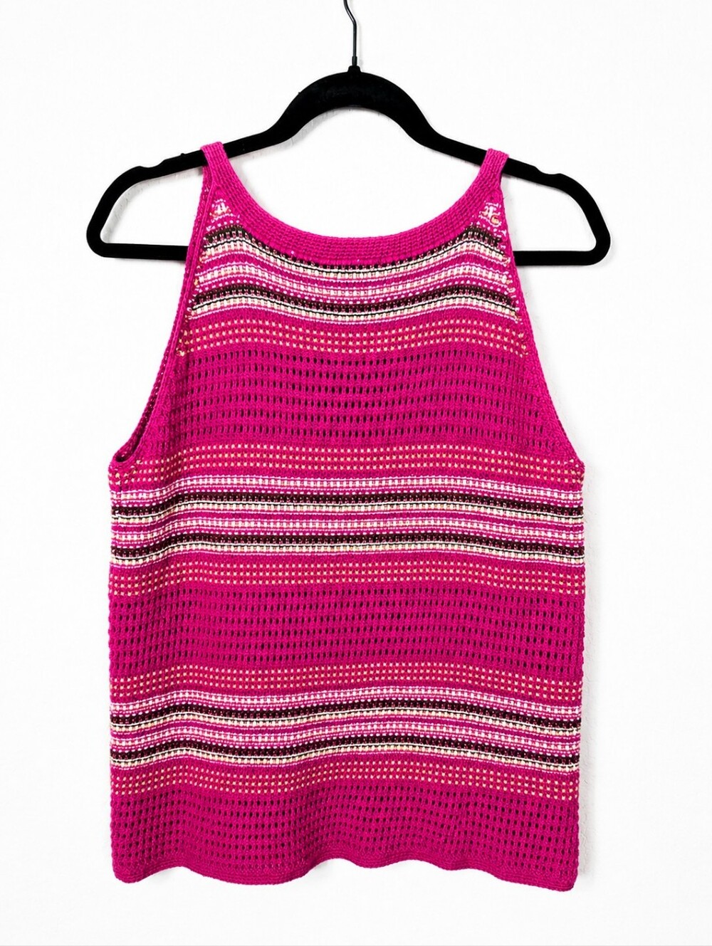 VTG 90's Liz Claiborne Sport Linen Cotton Crochet Knit Tank Top Pink Striped XL